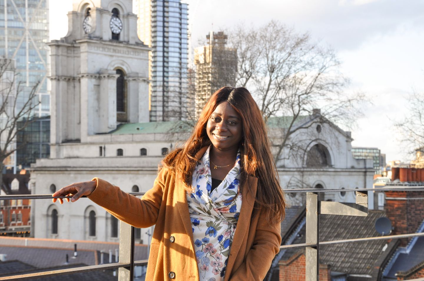 A GCU London student on the rooftop of the London campus, in March 2020