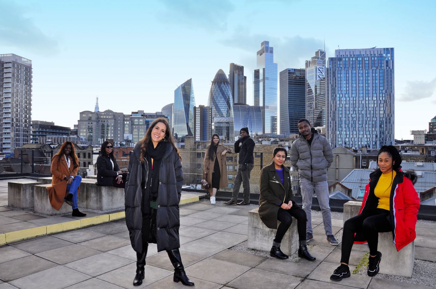 GCU London students on the rooftop of the London campus, in March 2020