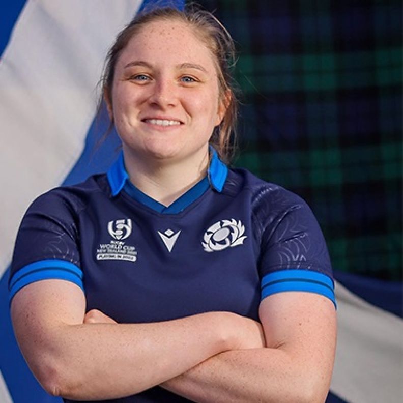 A square photo of Rachel McLachlan, GCU alumna and graduate, and Scottish rugby player, in front of a saltire in a Scotland Women's Rugby Team shirt.