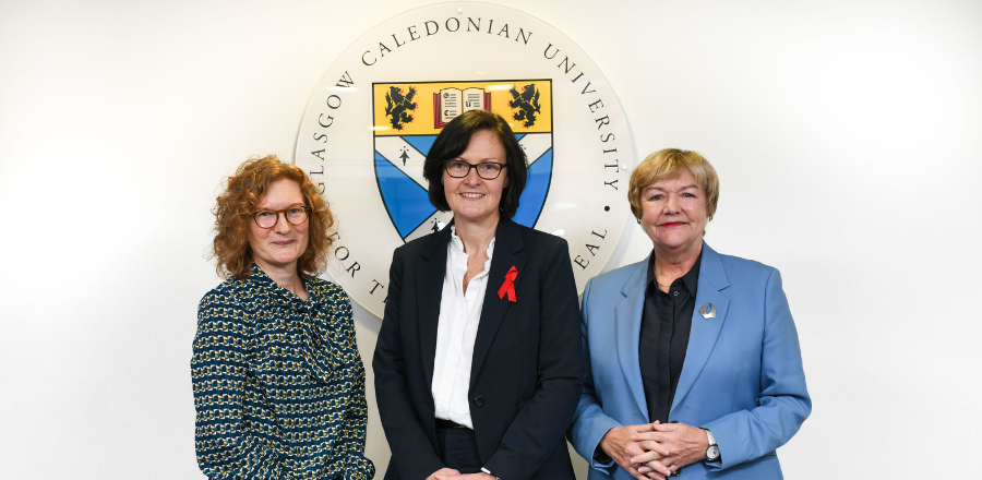 GCU Professors Claudia Estcourt and Sharon Hutchinson with Principal and Vice-Chancellor Professor Pamela Gillies