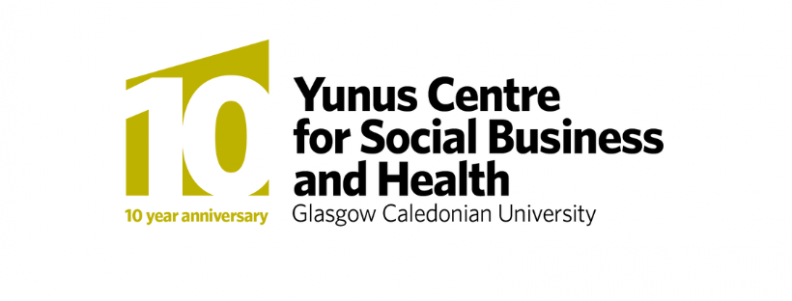 A banner image for the Yunus Centre's 10-Year Celebration. It shows the number '10' in white font with a yellow background, and underneath it is the phrase '10 year anniversary' in yellow font. To the right of this is the words 'Yunus Centre for Social Business and Health, Glasgow Caledonian University' in black text. All on a white background.
