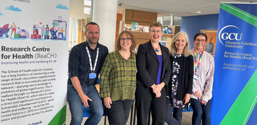 Photo shows Dr David Whiteley, Professor Laurie Drabble, Professor Carol Emslie, Professor Tonda Hughes and Beth Meadows together at the Glasgow campus.