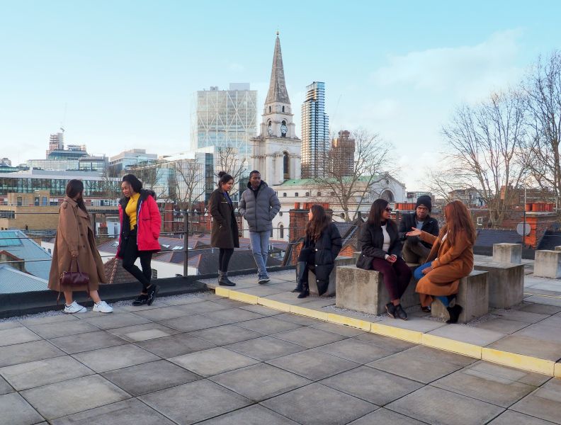 GCU London students on the rooftop of the London campus, in March 2020