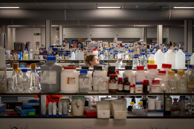 Alicia Ware, a Biological Sciences PhD student, working in a lab on Glasgow campus. Photo taken in December 2021.
