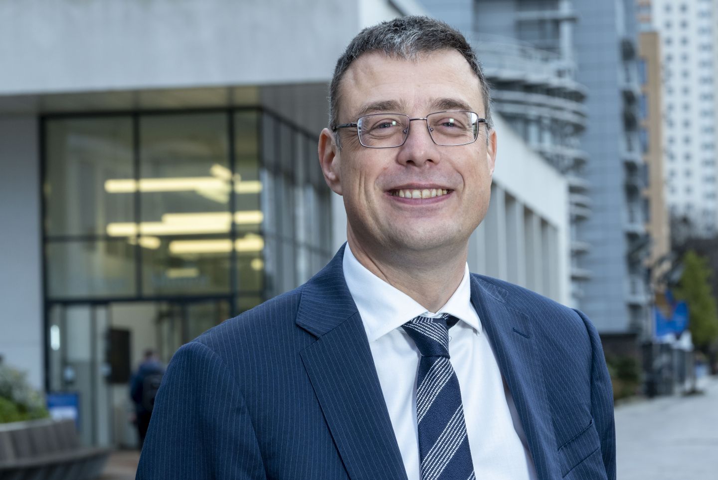 Portrait of GCU Principal and Vice-Chancellor Professor Steve Decent on the University's Glasgow campus.