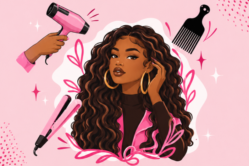 A pink poster with the details of the Hair Passport app, including a QR code in the bottom left corner. The logo features an AI-generated illustration of a black female with type 2C hair. She is surrounded by various hair styling tools including a hair dryer, afro pick, and straighteners.
