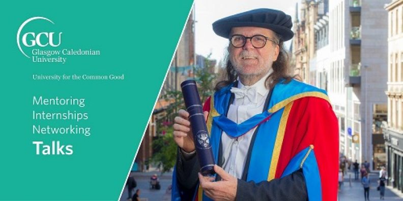 An email banner for the Mentoring, Internships, Networking and Talks programme. The image shows Honorary Graduate Dr Phil Differ in a graduation robe and hat holding a parchment container.