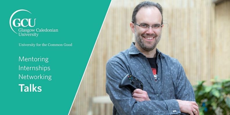 An email banner for the Mentoring, Internships, Networking and Talks programme. The image shows Boyd Multerer, the man responsible for Xbox Live, holding a gaming controller in his folded arms.