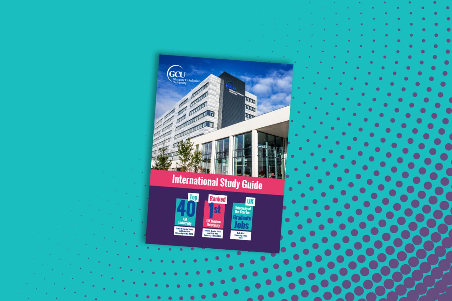 A mini version of the GCU International guide floats on a teal background with a purple dotted vector graphic expanding from the bottom rightcorner.