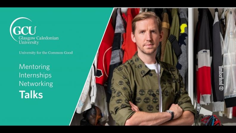 An email banner for the Mentoring, Internships, Networking and Talks programme. The image shows Christopher Raeburn, British fashion designer, standing in front of his clothes collection.