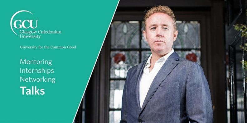 An email banner for the Mentoring, Internships, Networking and Talks programme. The image shows Mark Millar, New York Times best-selling comic-book writer, Hollywood producer and President of Netflix’s Millarworld, standing in a grey suit.