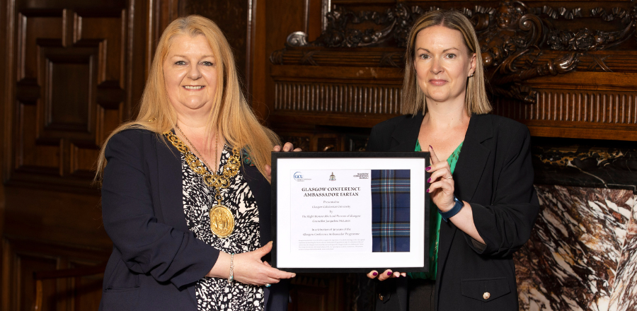 Jill Watt, Director of the GCU Foundation and Alumni Engagement and Events, with The Right Honourable Lord Provost of Glasgow, Councillor Jacqueline McLaren