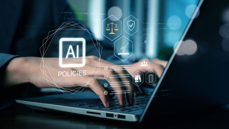 A user typing and looking at AI policies 