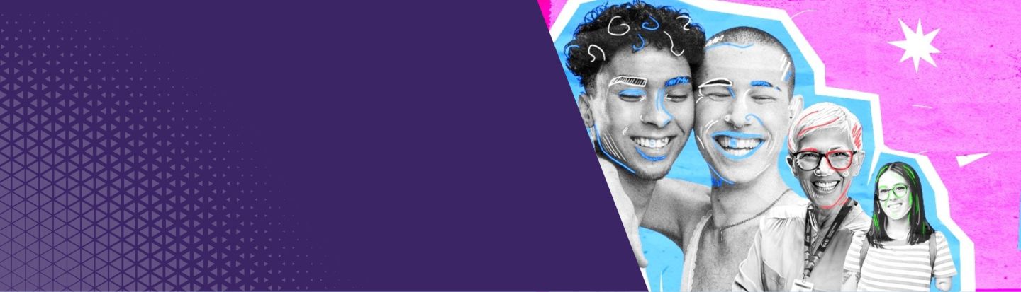 Three students and a GCU staff member smiling against a pink and blue background