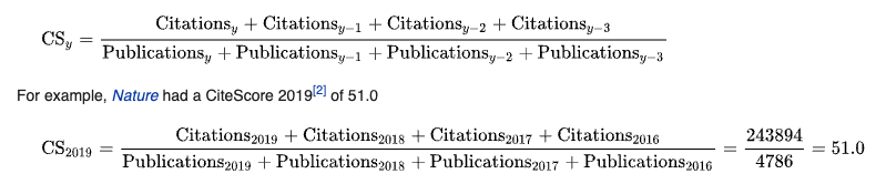 Image detailing the formula used to calculate a CiteScore