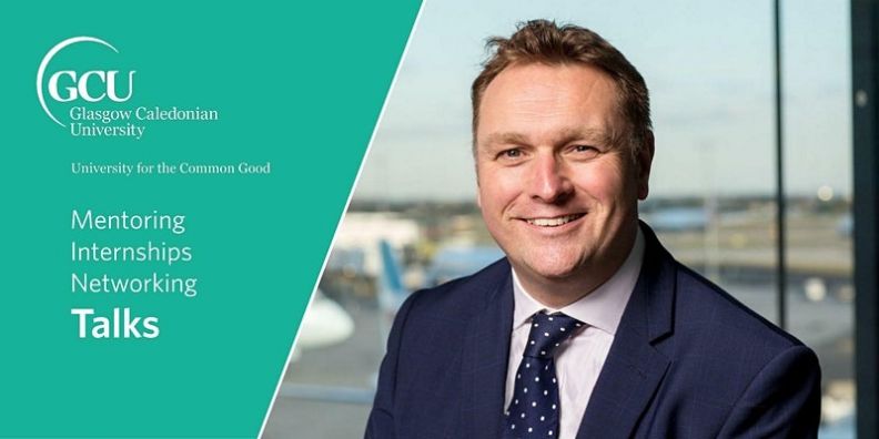 An email banner for the Mentoring, Internships, Networking and Talks programme. The image shows Derek Provan, CEO AGS Airports, smiling in a blue suit.