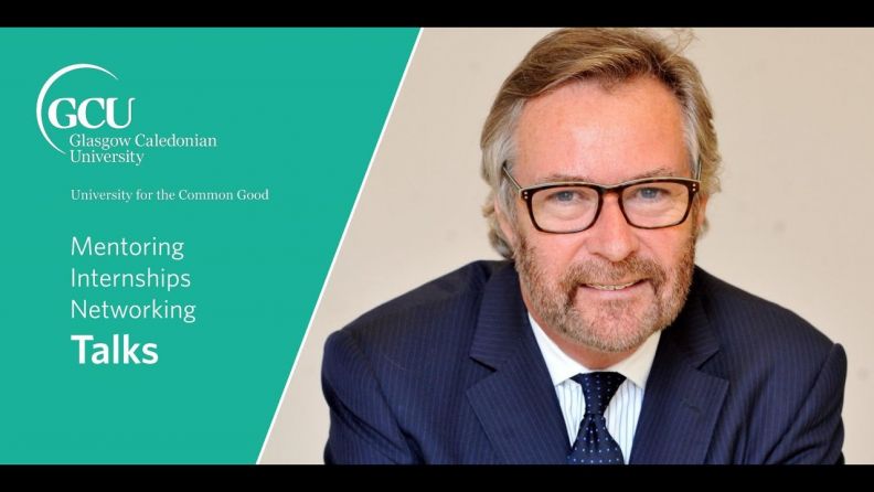An email banner for the Mentoring, Internships, Networking and Talks programme. The image shows GCU honorary graduate Dr Brian Duffy, Chief Executive at Watches of Switzerland smiling in a blue suit.