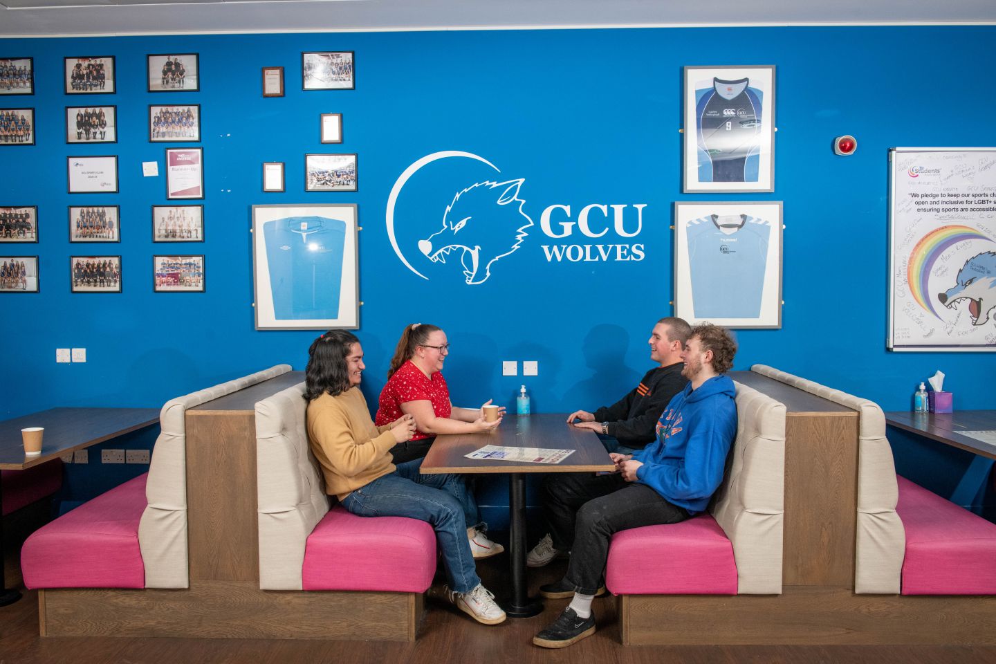 A group of GCU students in the Students' Association on Glasgow campus. 

L-R: Samuel Gonzalez, Amy Moffat, Aidan Rooney and Kieran Will