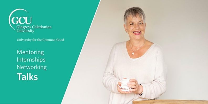 An email banner for the Mentoring, Internships, Networking and Talks programme. The image shows Dr Jane Milton, who has over 30 years of experience in the food industry in the UK and overseas, smiling in a white dress.