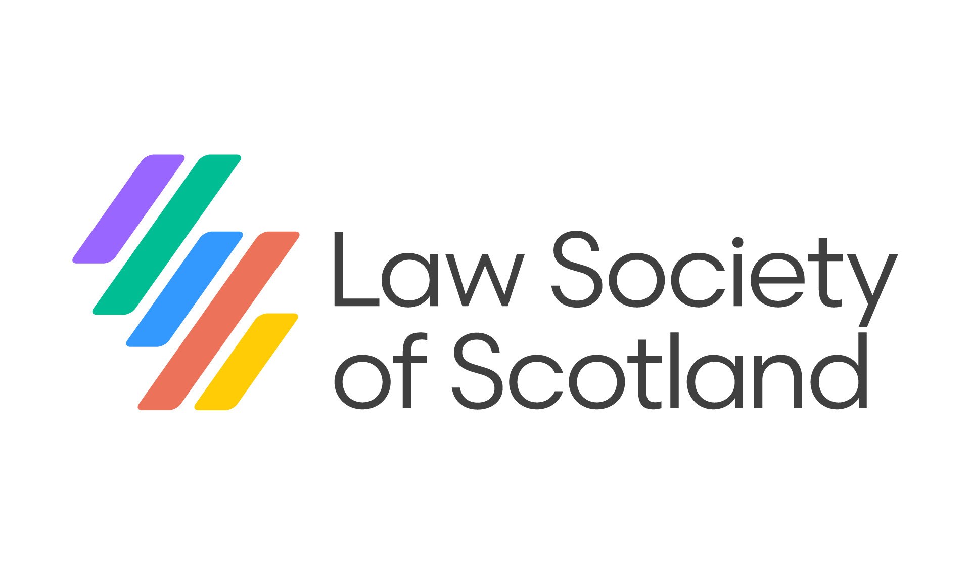 The logo for the Law Society of Scotland, consisting of the text in black and five diagonal coloured stripes in purple, green, blue, orange, and yellow. The stripes vary in size.