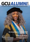 A portrait version of the front cover of the GCU Alumni magazine 2024, featuring an image of Chancellor and Honorary Graduate Dr Anne-Marie Imafidon MBE in insallation gown and hat.