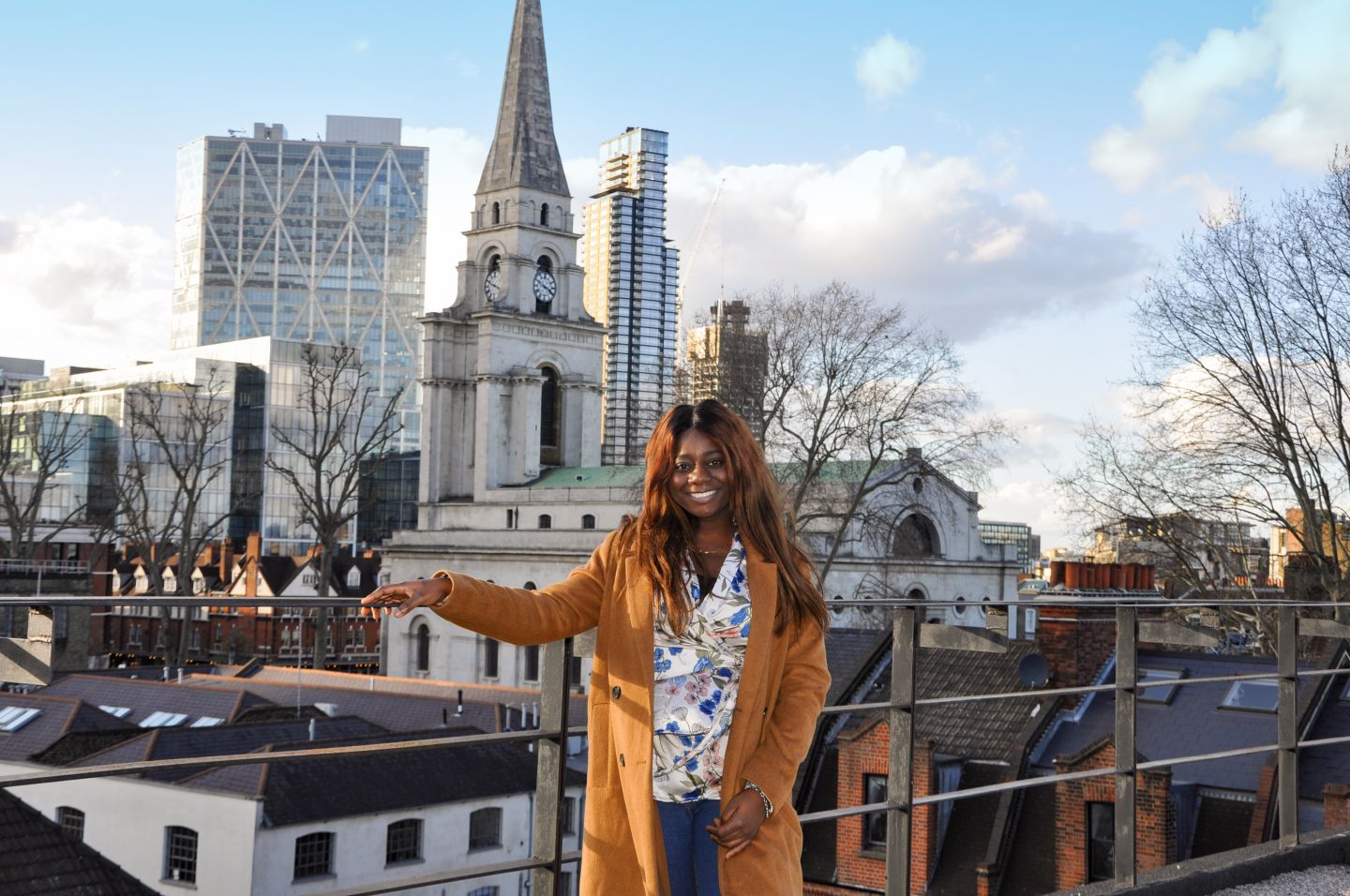 A GCU London student on the rooftop of the London campus, in March 2020