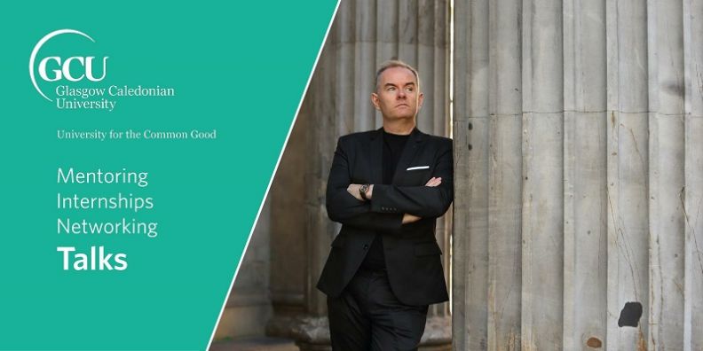 An email banner for the Mentoring, Internships, Networking and Talks programme. The image shows John McGlynn, founder of Scottish Capital, standing by a column in a dark suit with his arms folded.