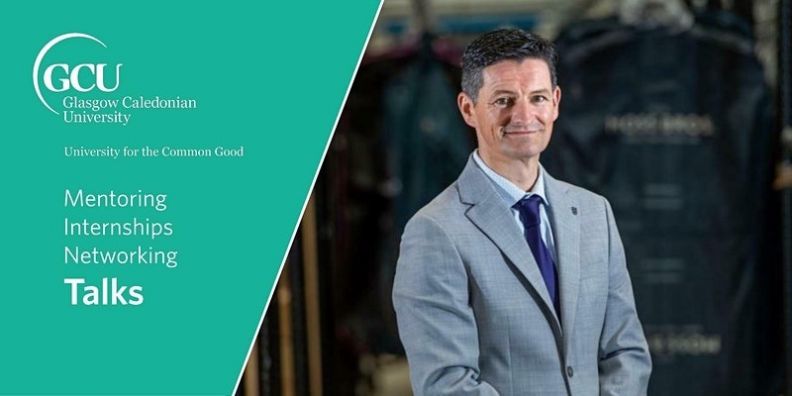 An email banner for the Mentoring, Internships, Networking and Talks programme. The image shows Antony Burns, a recognised champion of sustainable fashion, in a grey suit.
