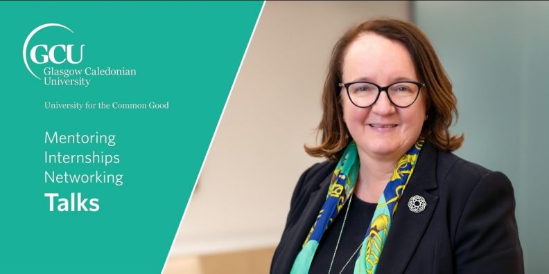 An email banner for the Mentoring, Internships, Networking and Talks programme. The image shows GCU graduate Katie Murray, Group Chief Financial Officer at NatWest (formerly RBS), smiling in a dark suit and patterned neck scarf.