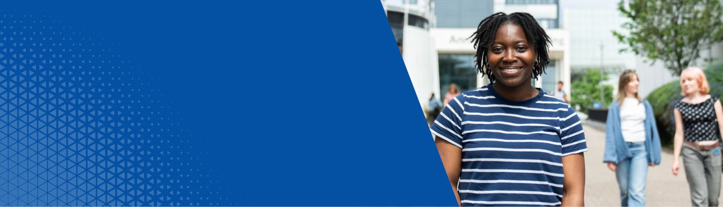 A student smiling outside GCU Glasgow campus and a blue background with triangles