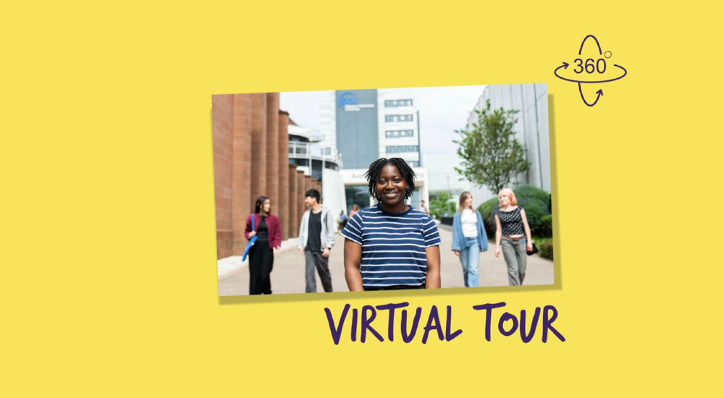 Graphic with an image of students on campus 