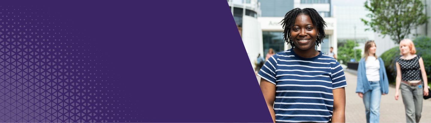 A student smiling outside GCU Glasgow campus and a purple background with triangles