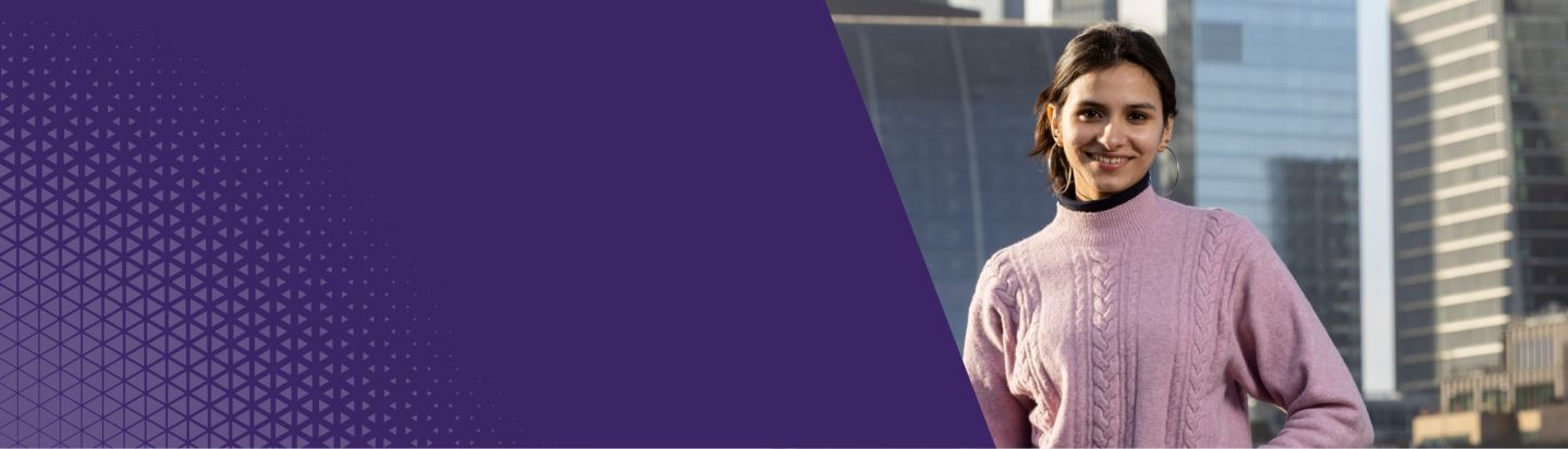 A student on the rooftop of the GCU London campus and a purple background